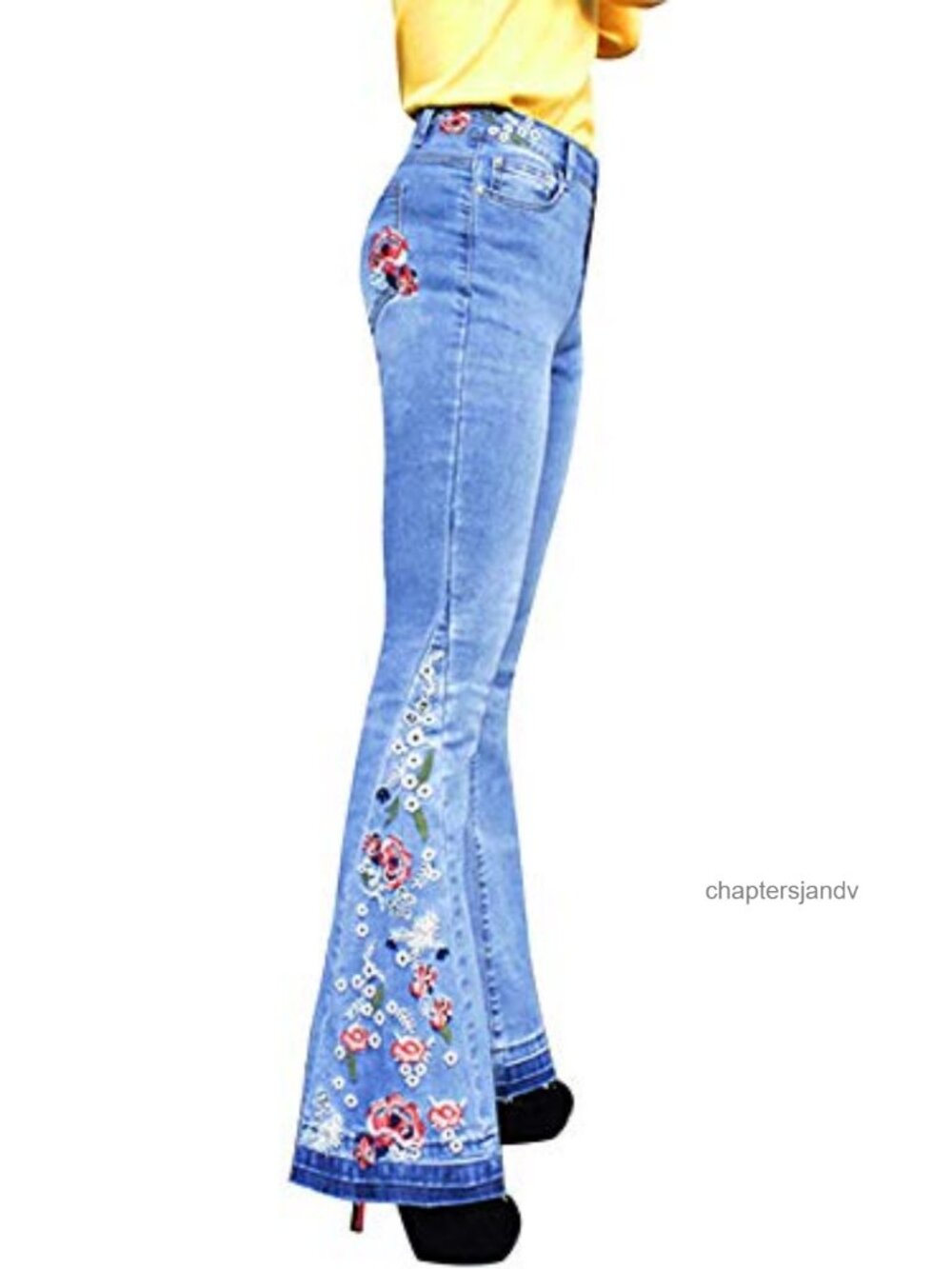 Women's Floral Embroidered High Waist Bell Bottom Jeans Stretch Denim Boho Flare